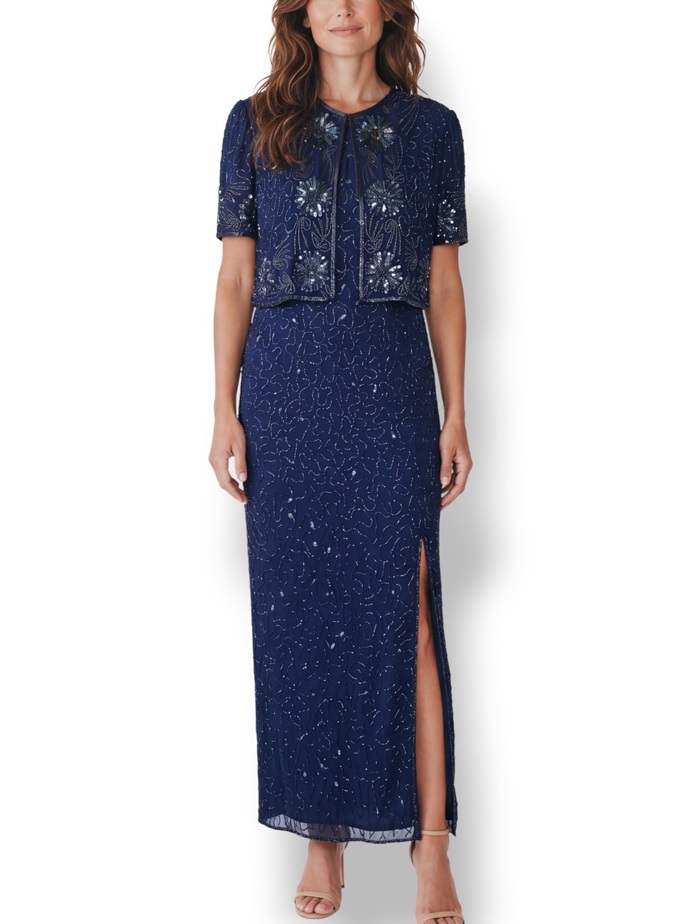 Brilliante by J.A. Navy Beaded Sequin Gown Attached Jacket Petite Large